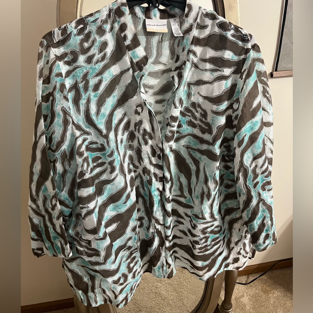 Alfred Dunner Brown and Aqua Patterned Blouse
